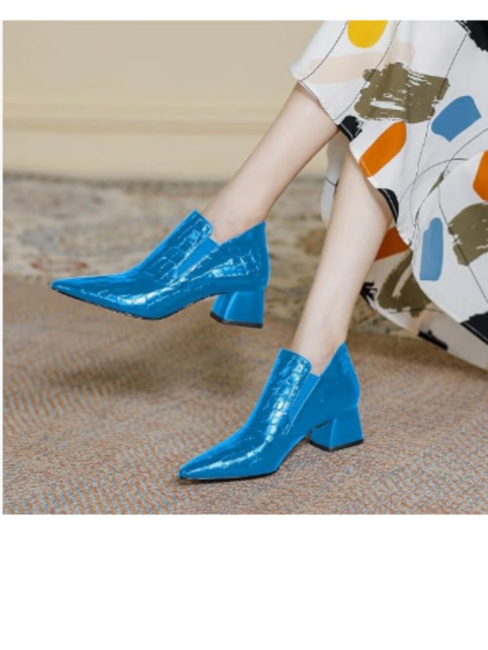 YDN Light Blue Pointed Toe Ankle Boots Chunky Low Heel Pull on Elastic Shoe